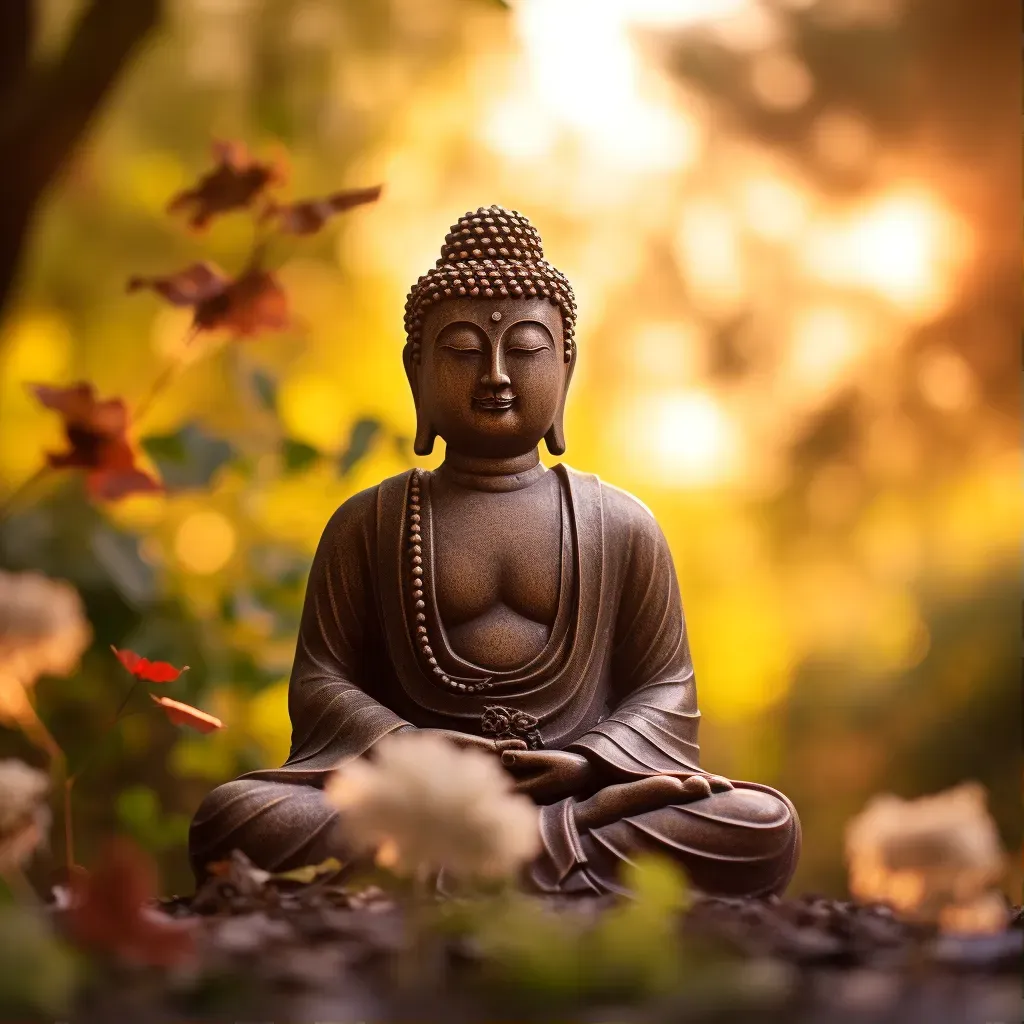 Image of a serene Buddha statue sitting in a peaceful garden, bathed in soft, warm sunset light - Image 1