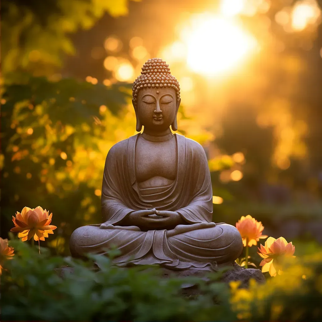 Image of a serene Buddha statue sitting in a peaceful garden, bathed in soft, warm sunset light - Image 2