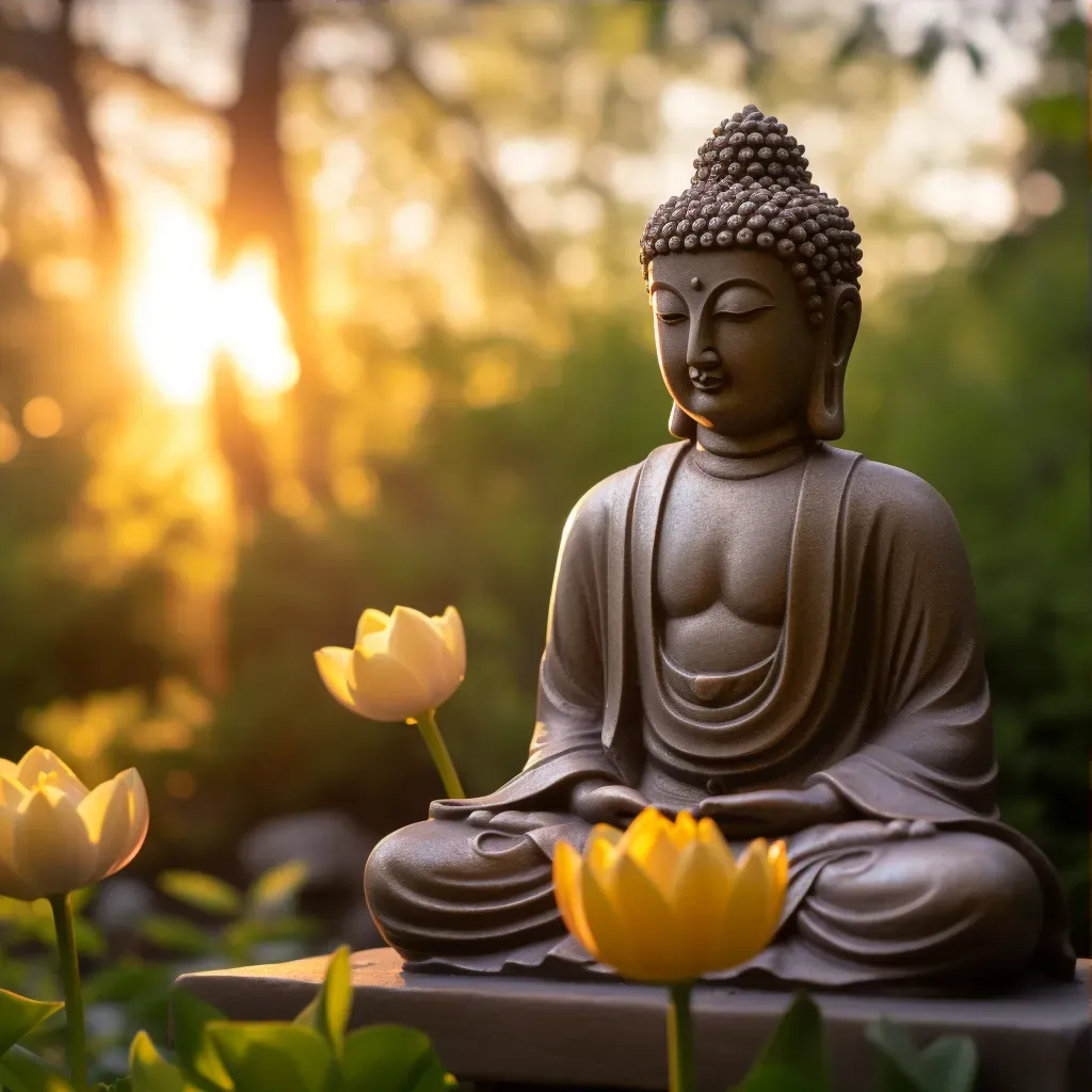 Image of a serene Buddha statue sitting in a peaceful garden, bathed in soft, warm sunset light - Image 3