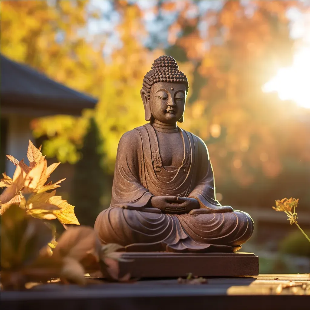 Serene Buddha Statue in Peaceful Garden with Sunset Light