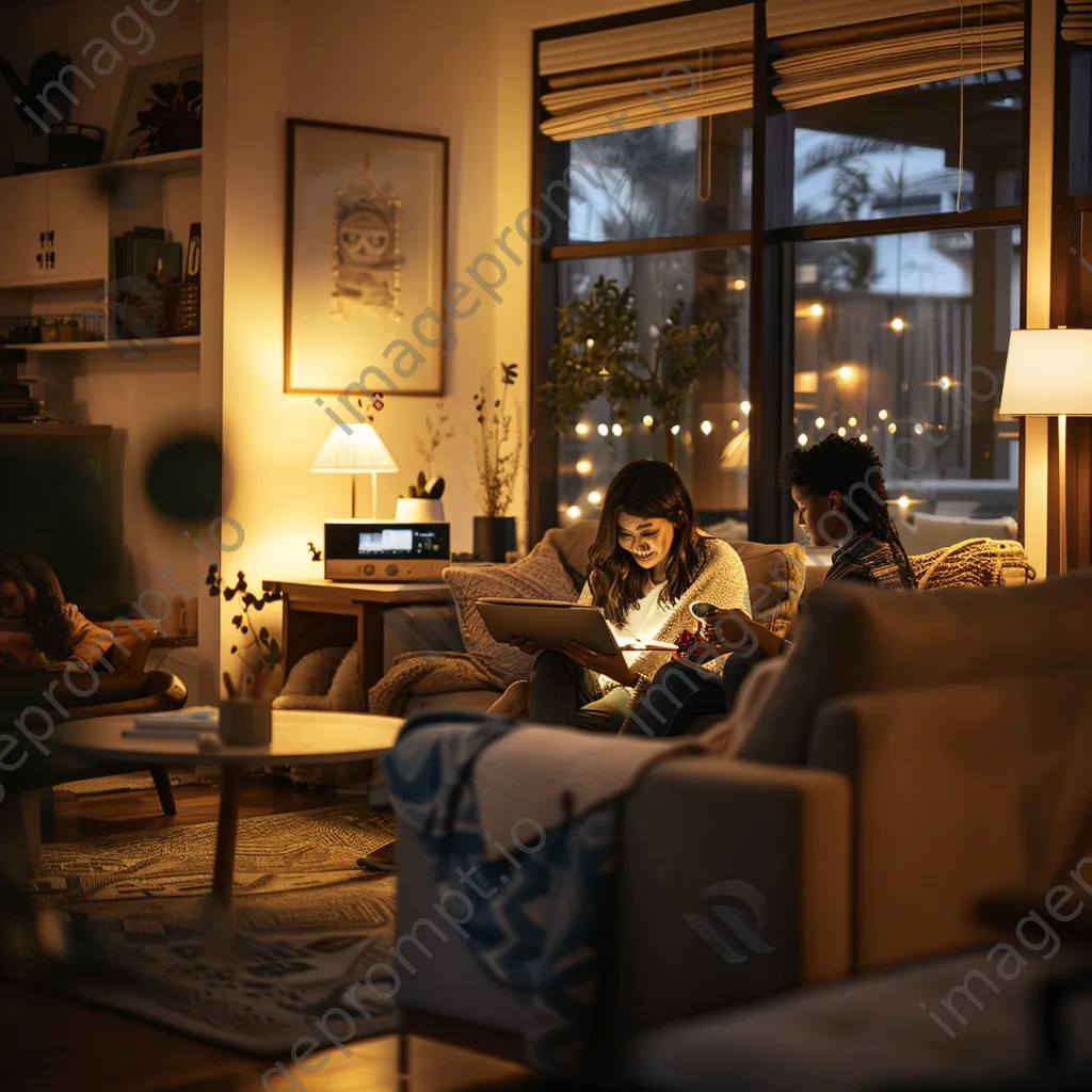 Family interacting over online learning activities in a cozy living room. - Image 2