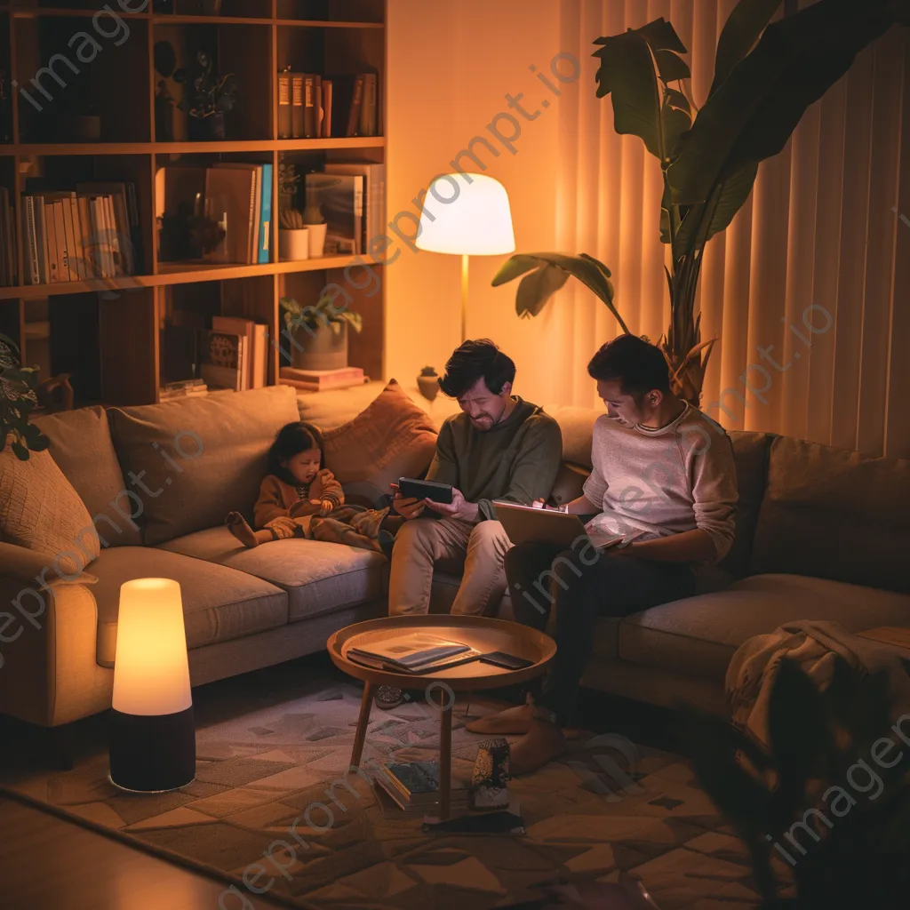 Family interacting over online learning activities in a cozy living room. - Image 3