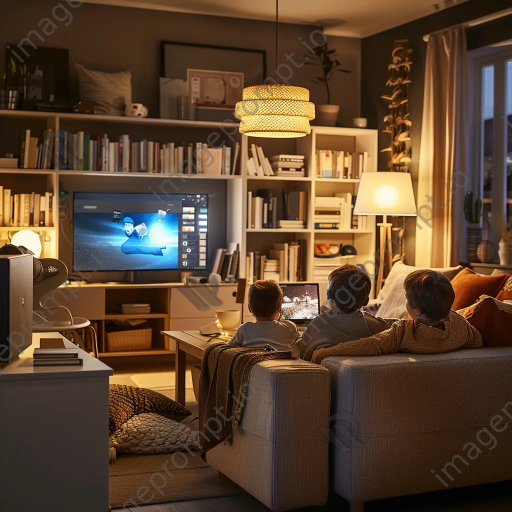 Family interacting over online learning activities in a cozy living room. - Image 4