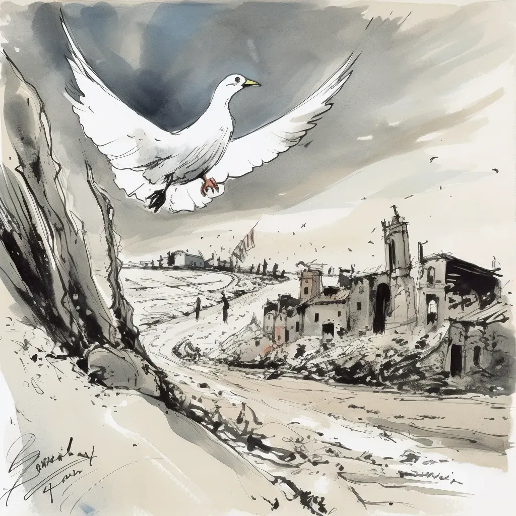 Dove flying over war-torn landscape symbolizing peace - Image 3