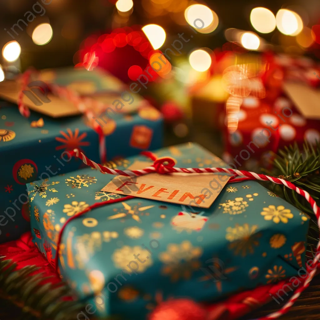 Colorful wrapped gifts with discount tags in a cozy setting. - Image 3