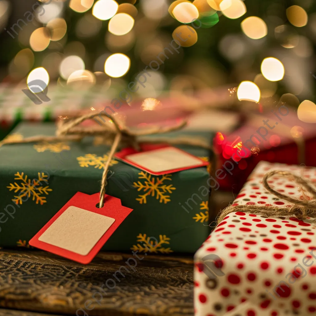 Colorful wrapped gifts with discount tags in a cozy setting. - Image 4