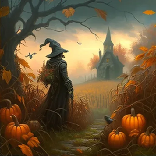 Autumn garden with falling leaves and scarecrow - Image 2