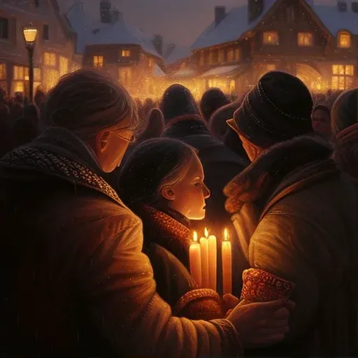 Candlelit vigil in town square with people offering support - Image 1