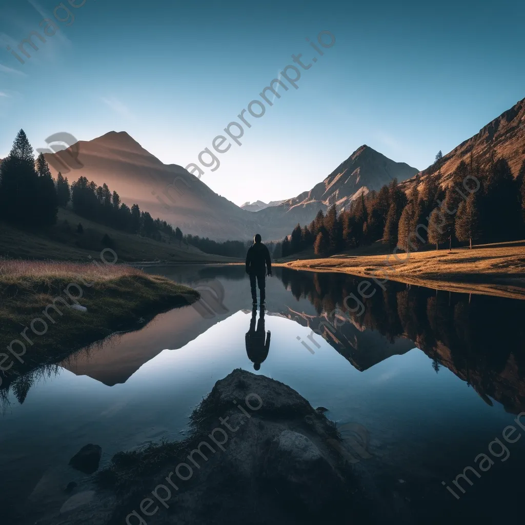 A hiker silhouette in front of a mountain lake - Image 1