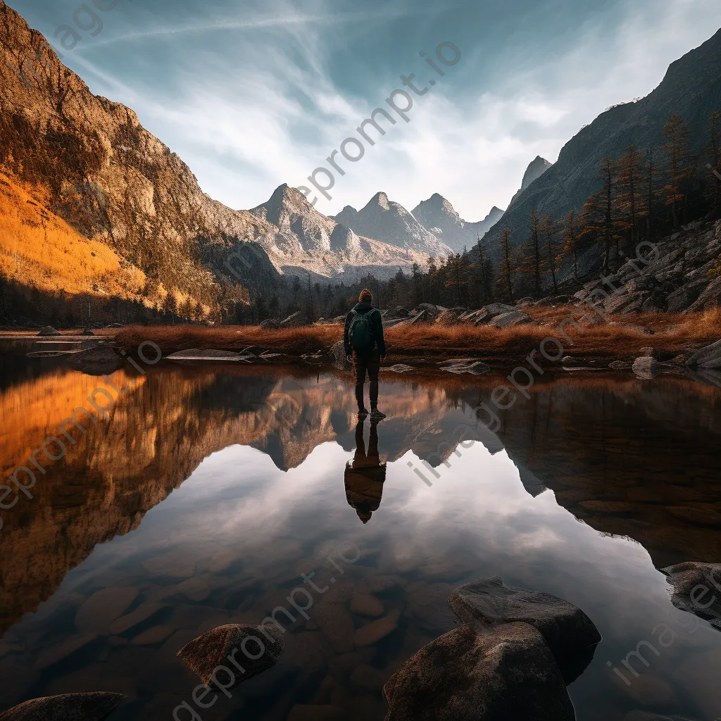 A hiker silhouette in front of a mountain lake - Image 2