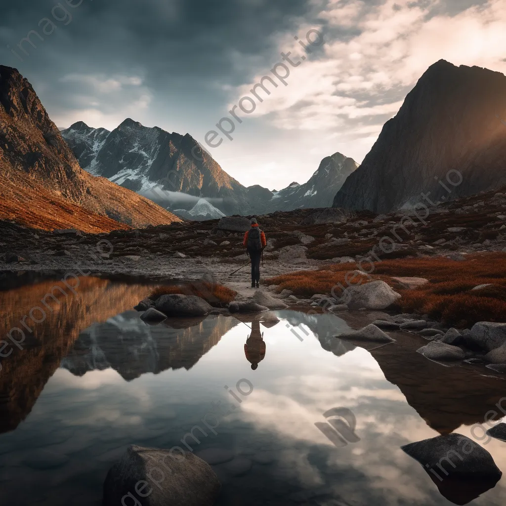 A hiker silhouette in front of a mountain lake - Image 3