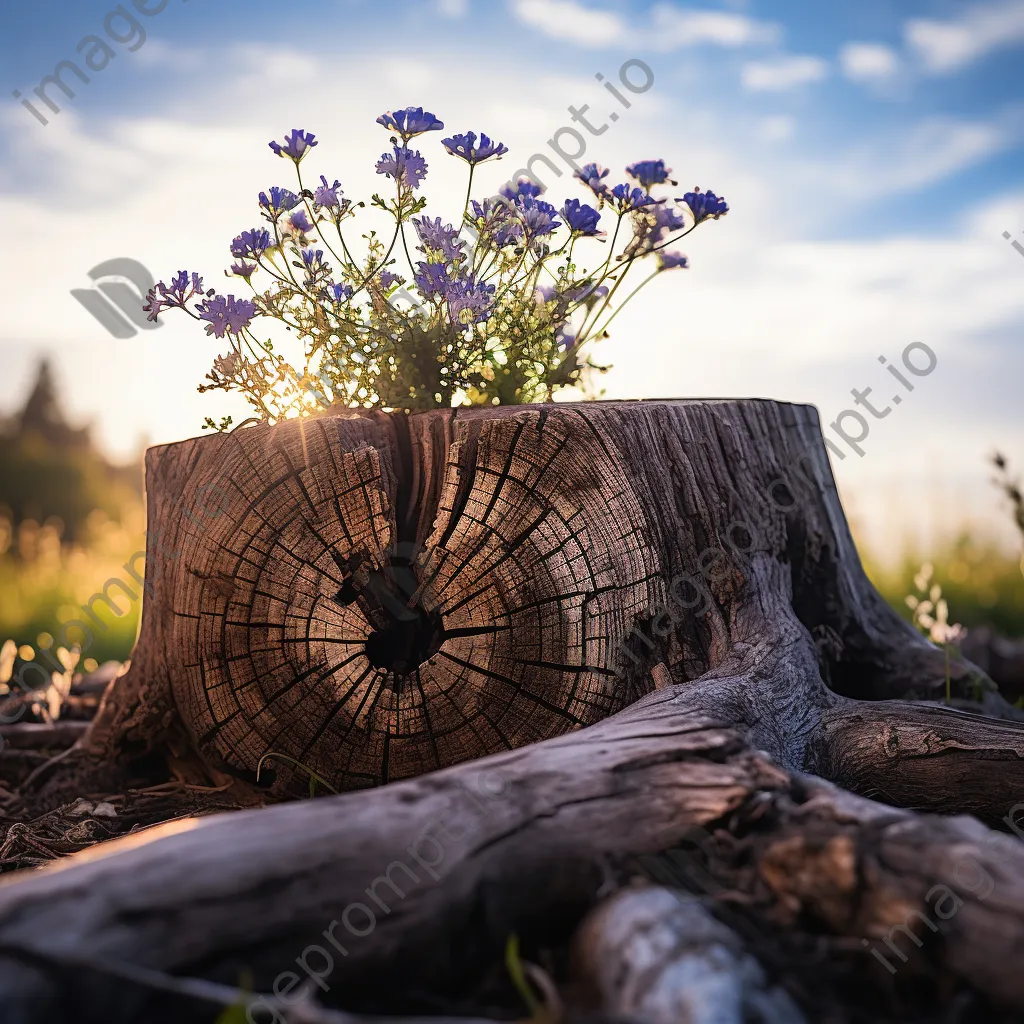 Large ancient tree stump surrounded by blue wildflowers at sunset - Image 1