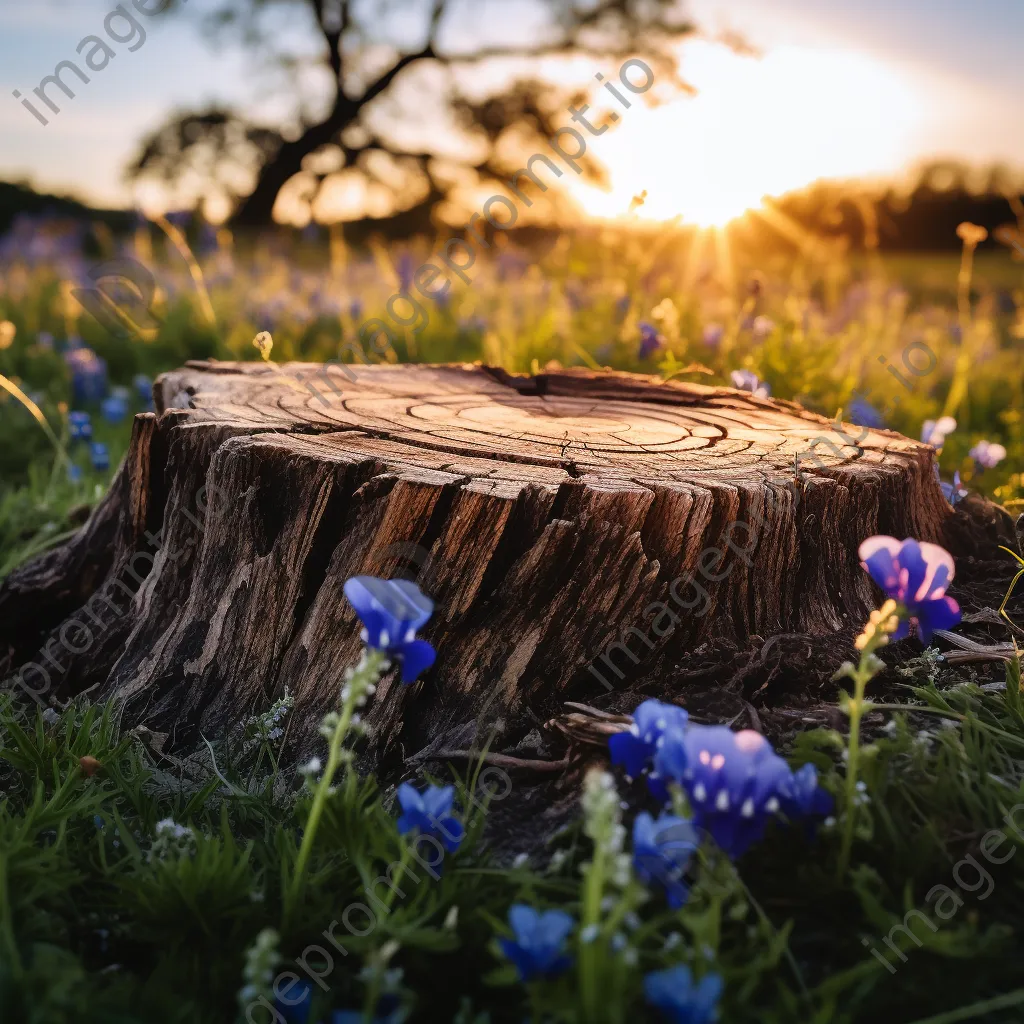 Large ancient tree stump surrounded by blue wildflowers at sunset - Image 3