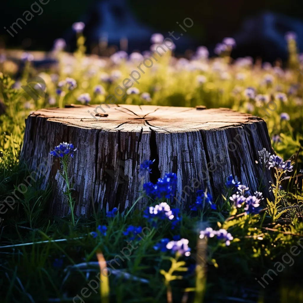 Large ancient tree stump surrounded by blue wildflowers at sunset - Image 4