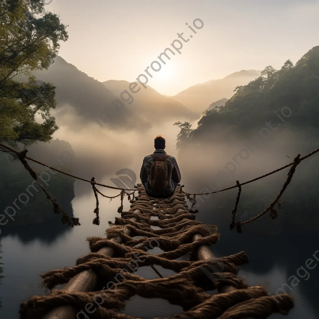 Traveler meditating on a rope bridge in misty hills - Image 1