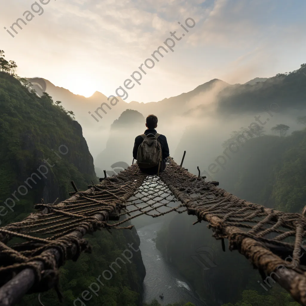 Traveler meditating on a rope bridge in misty hills - Image 2