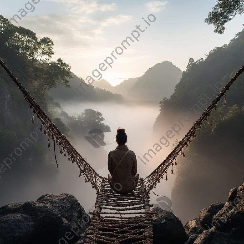 Traveler meditating on a rope bridge in misty hills - Image 3