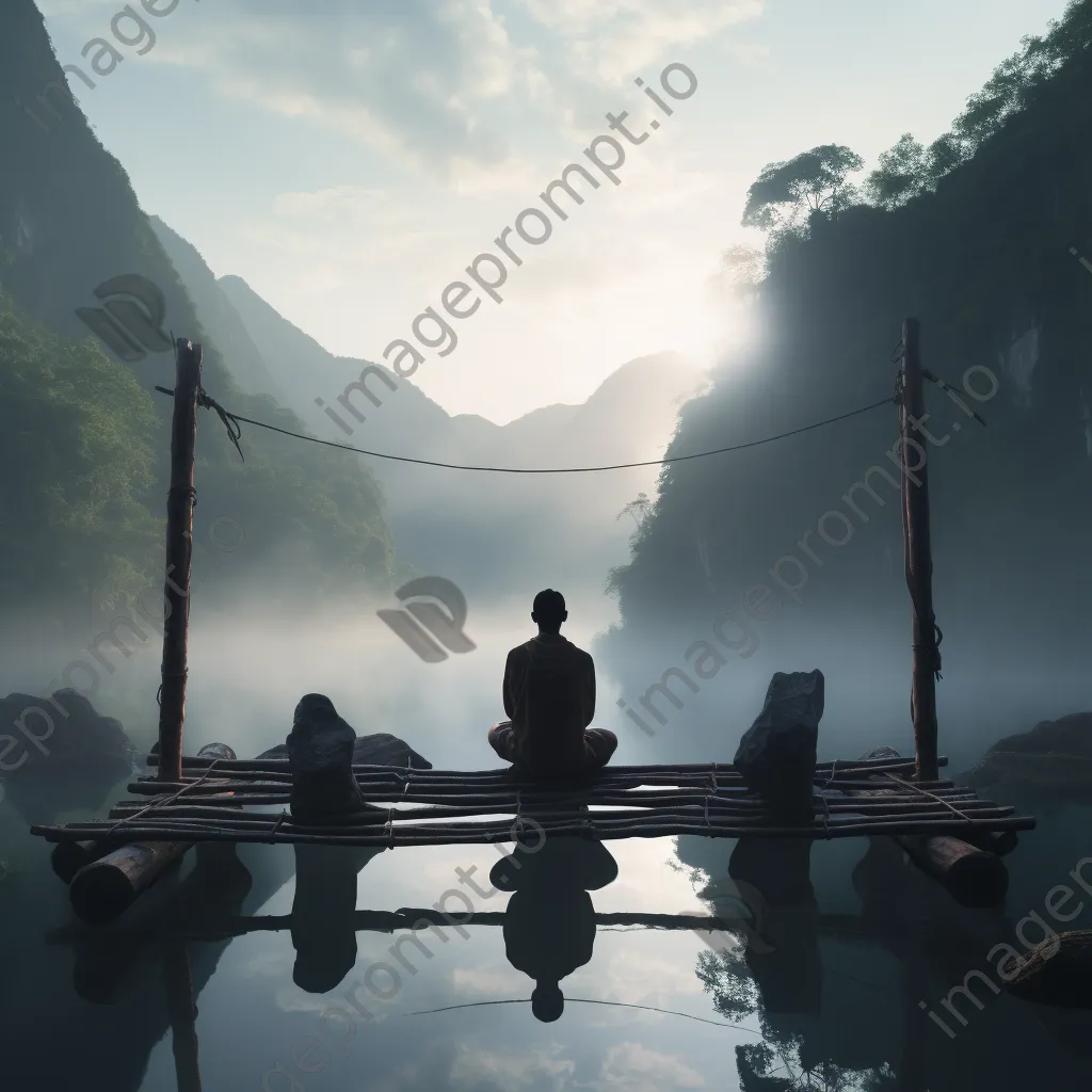 Traveler meditating on a rope bridge in misty hills - Image 4