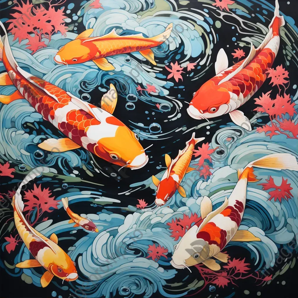 Captivating animated mural portraying koi fish swimming in vibrant waters - Image 1