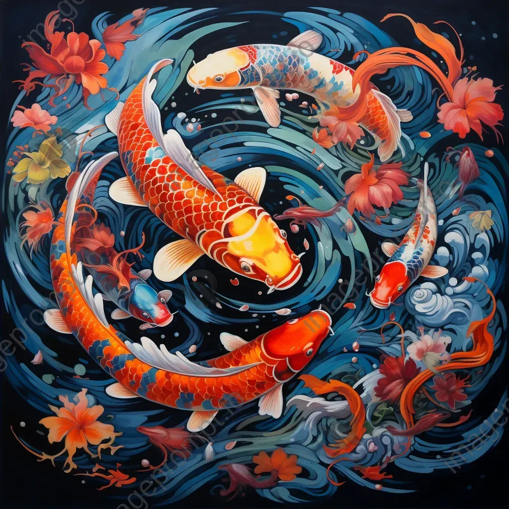 Captivating animated mural portraying koi fish swimming in vibrant waters - Image 2