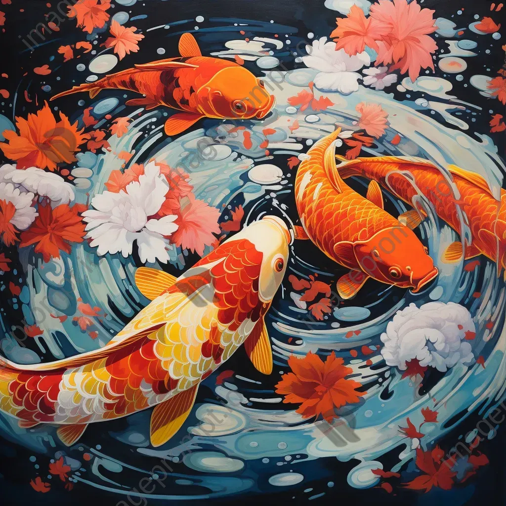 Captivating animated mural portraying koi fish swimming in vibrant waters - Image 3