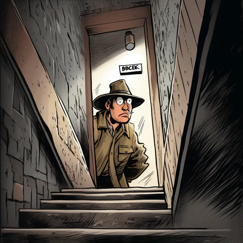 Intriguing illustration of a suspicious character in a stairwell - Image 1