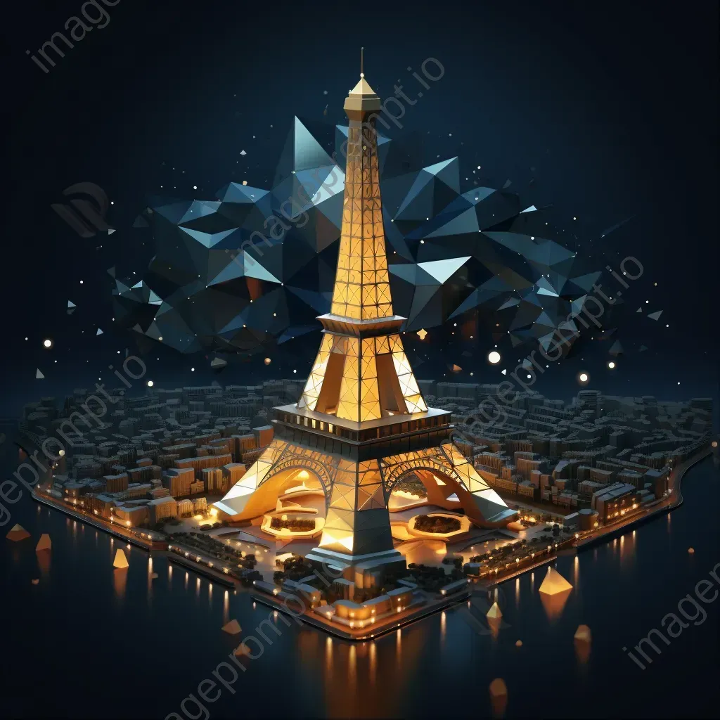 Geometric representation of the illuminated Eiffel Tower at night in low poly style - Image 1