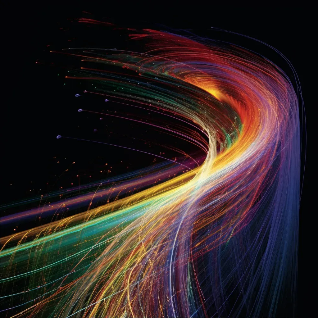 Illustration of a spacecraft traveling at light speed with a trail of pulsating, multicolored lights - Image 2