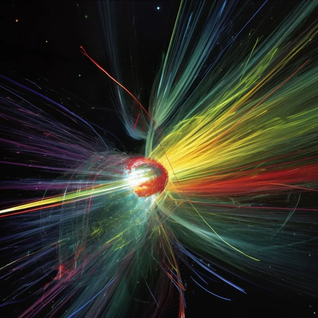 Illustration of a spacecraft traveling at light speed with a trail of pulsating, multicolored lights - Image 3