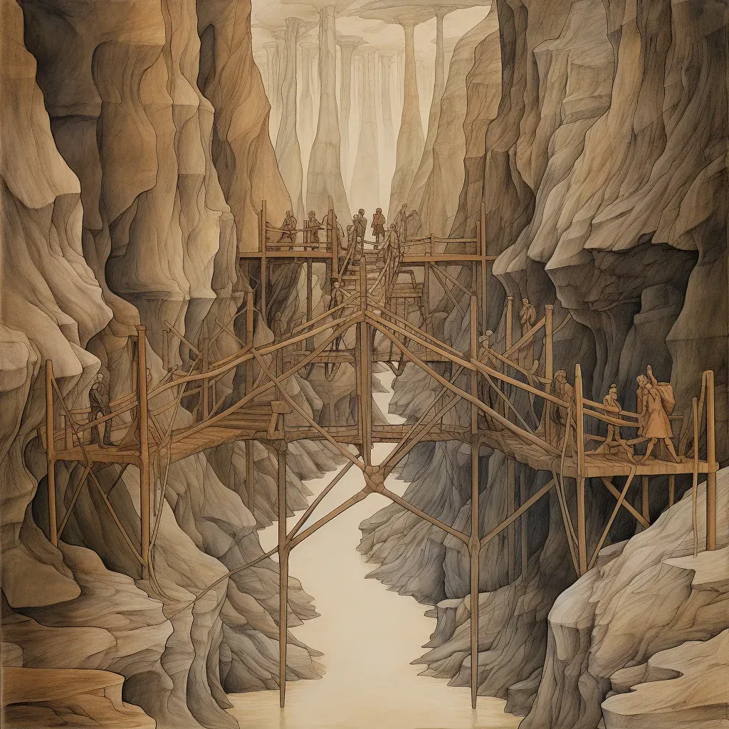 Group of explorers crossing rope bridge over deep canyon - Image 1