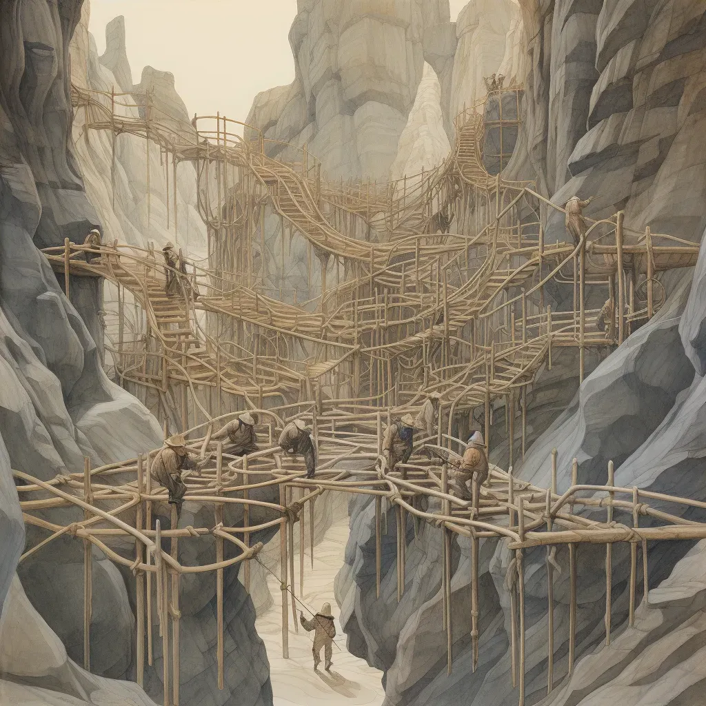 Group of explorers crossing rope bridge over deep canyon - Image 4