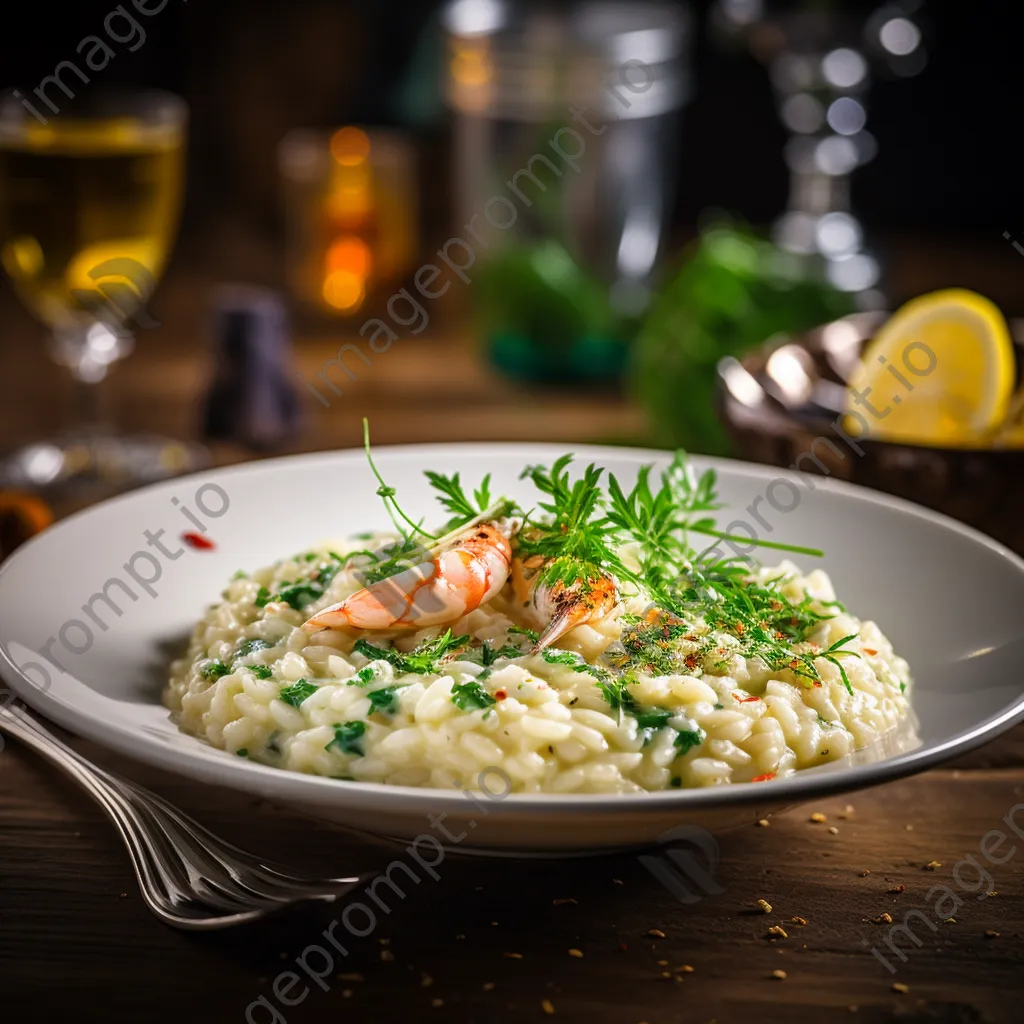 Plated gourmet seafood risotto with fresh herbs on a wooden table - Image 1