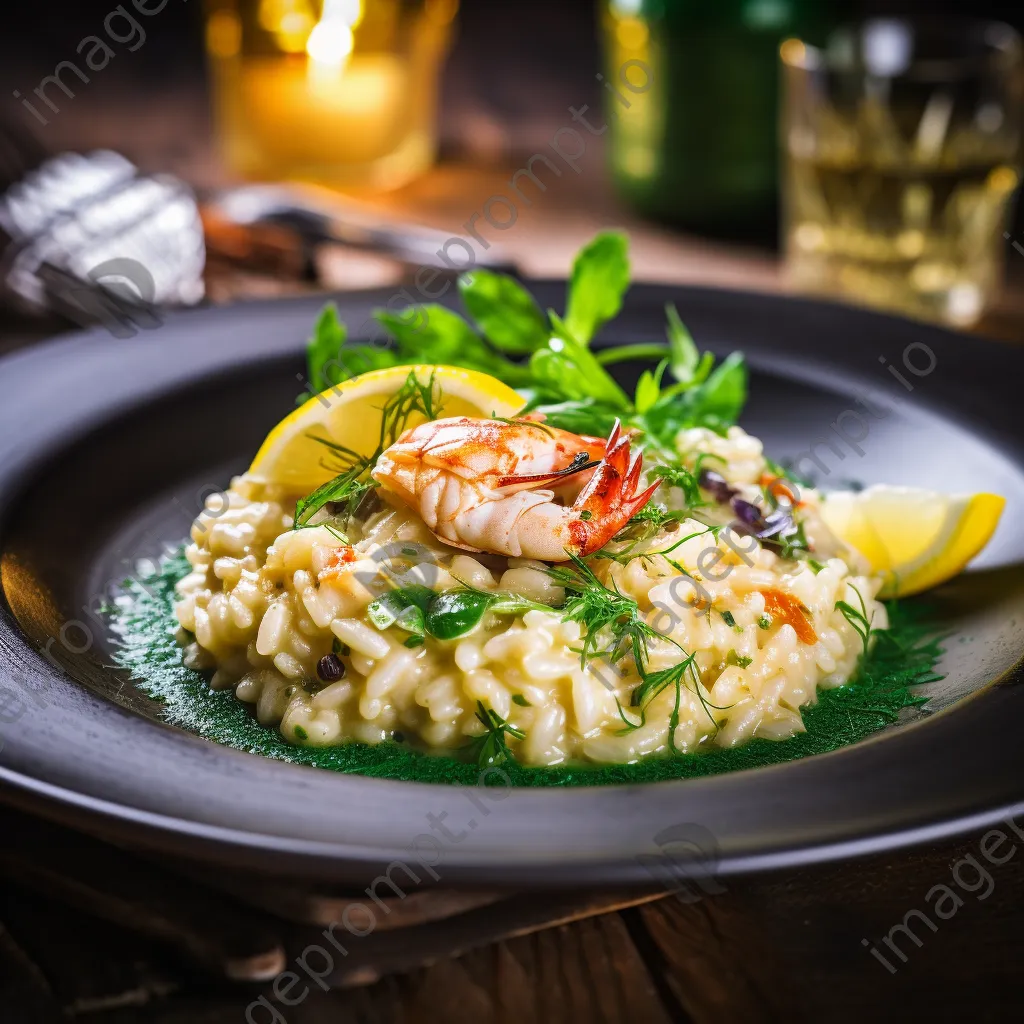 Plated gourmet seafood risotto with fresh herbs on a wooden table - Image 3