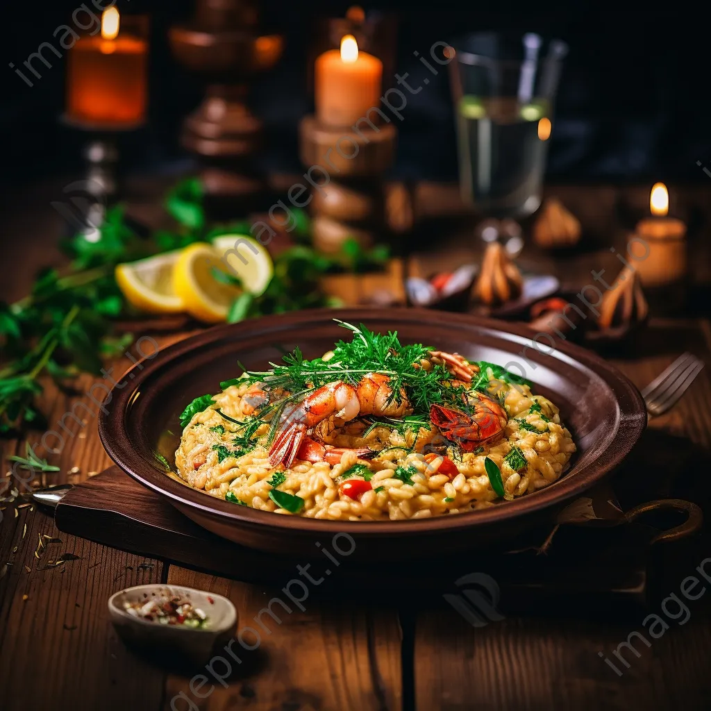 Plated gourmet seafood risotto with fresh herbs on a wooden table - Image 4