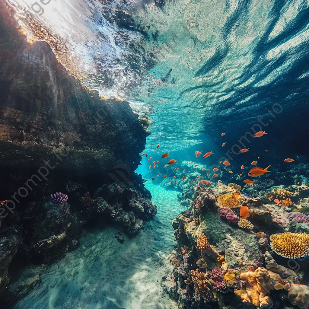 Underwater canyon filled with coral and multiple fish species. - Image 2