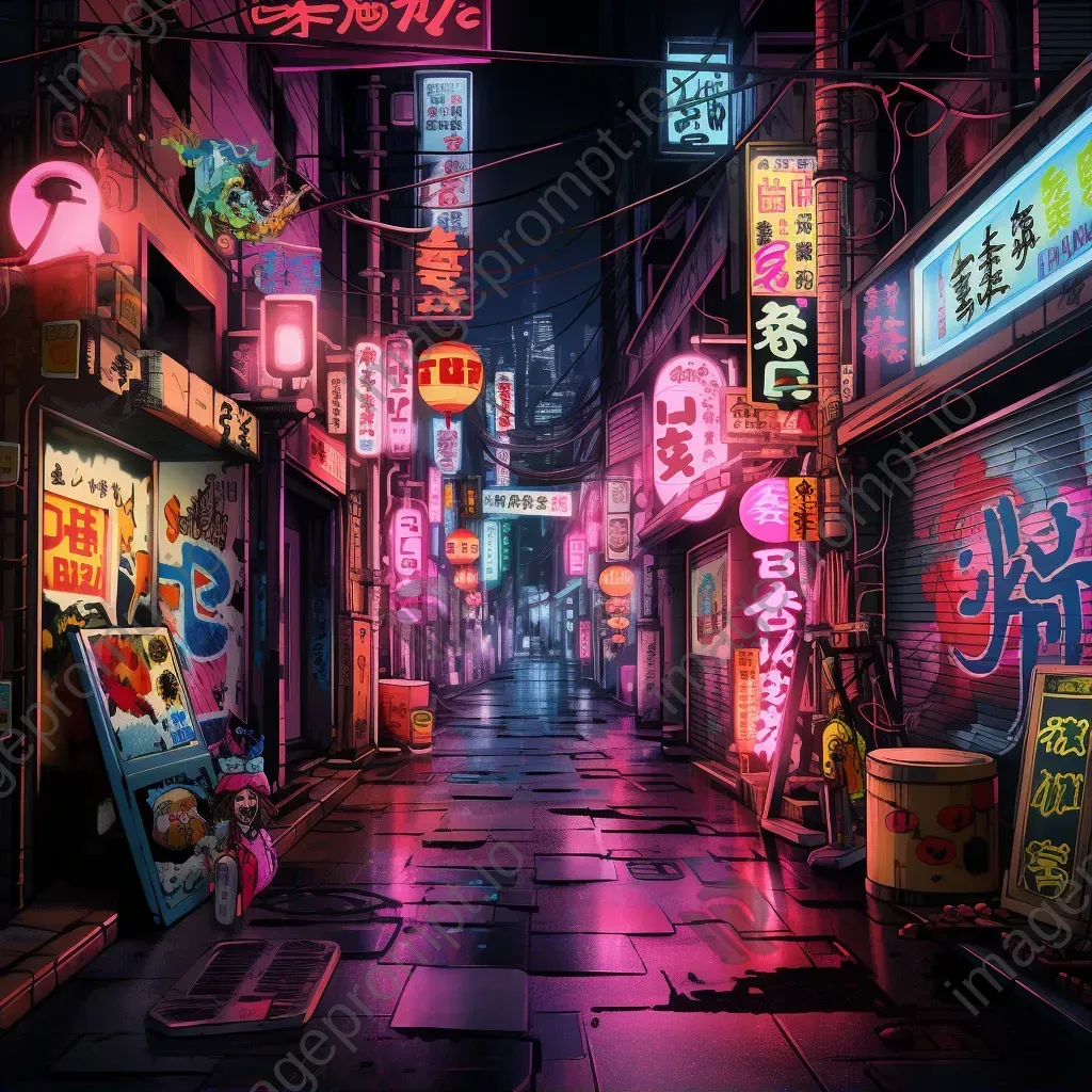 Neon-drenched Tokyo alley with various characters from different anime and manga series - Image 1