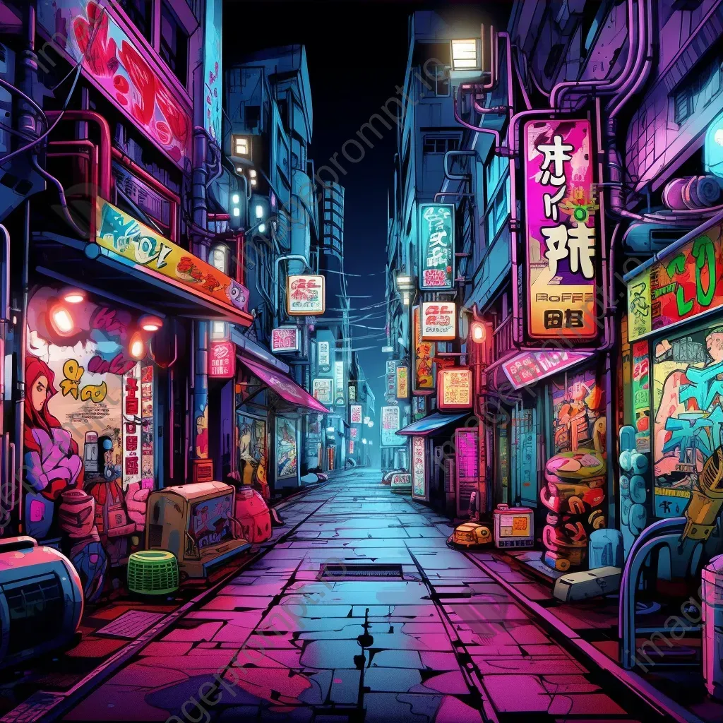 Neon-drenched Tokyo alley with various characters from different anime and manga series - Image 3