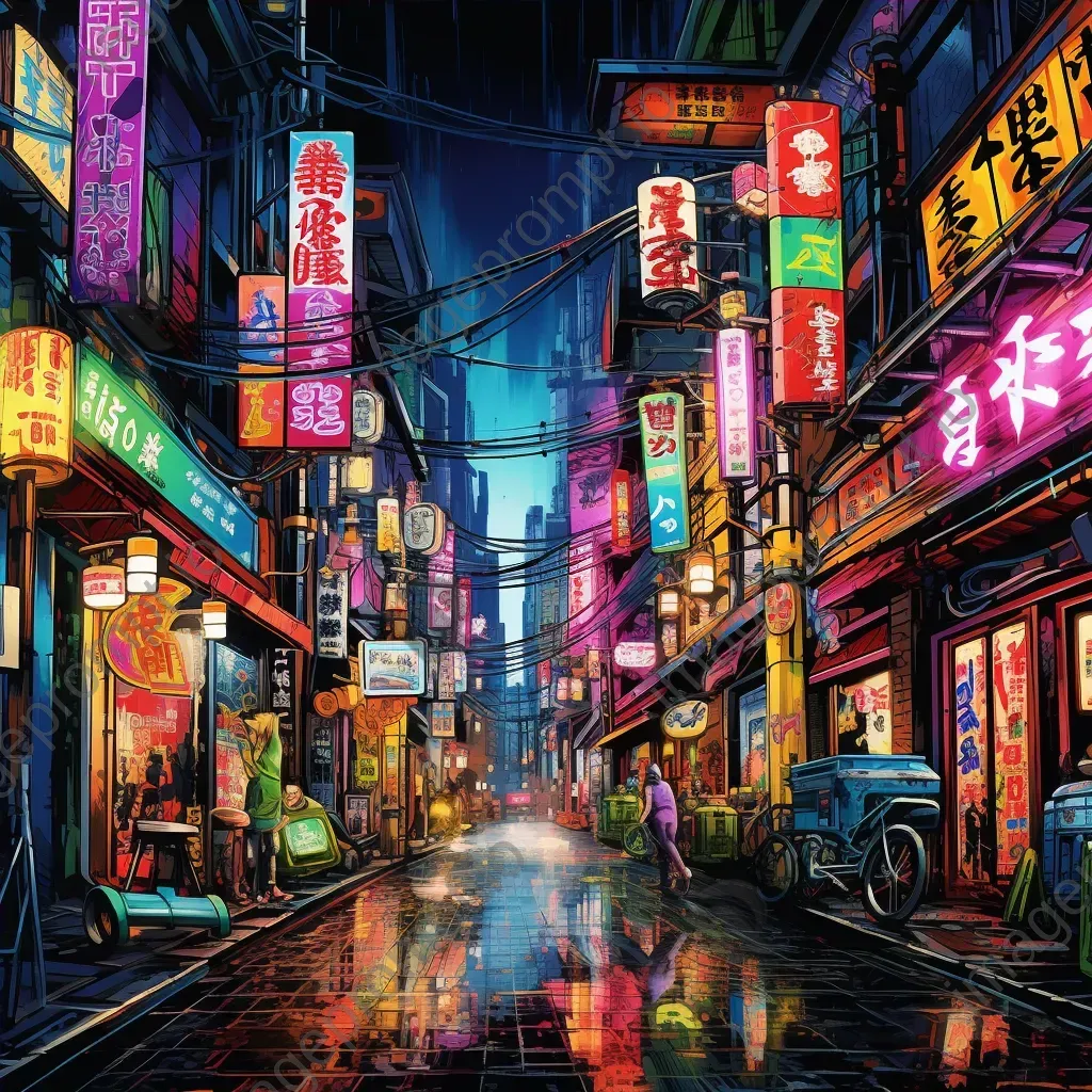 Neon-drenched Tokyo alley with various characters from different anime and manga series - Image 4