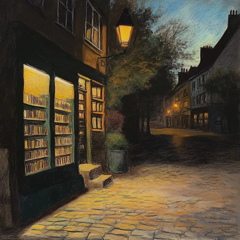 A cozy sidewalk bookstore at dusk captured in pastel drawing - Image 1