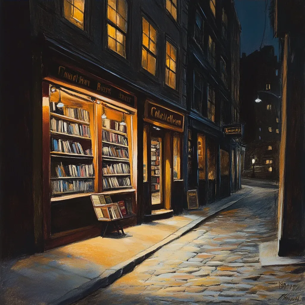 A cozy sidewalk bookstore at dusk captured in pastel drawing - Image 4