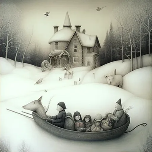 Scene of children sledding into a hidden winter village with talking snow animals - Image 2