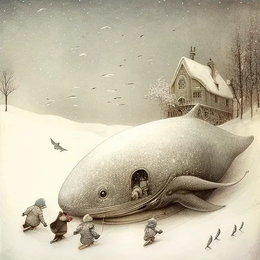 Scene of children sledding into a hidden winter village with talking snow animals - Image 4