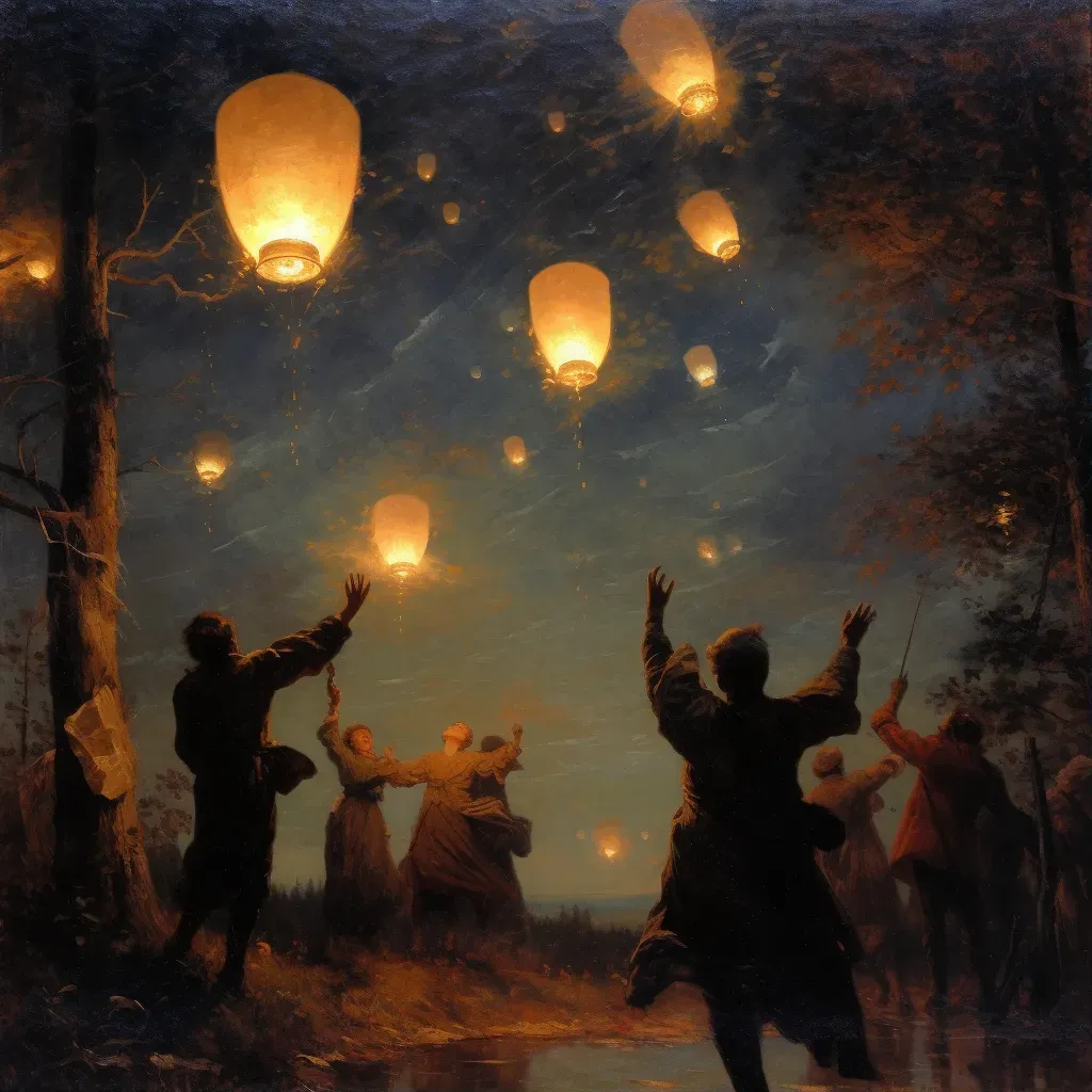 Group releasing lanterns into tranquil night sky - Image 1