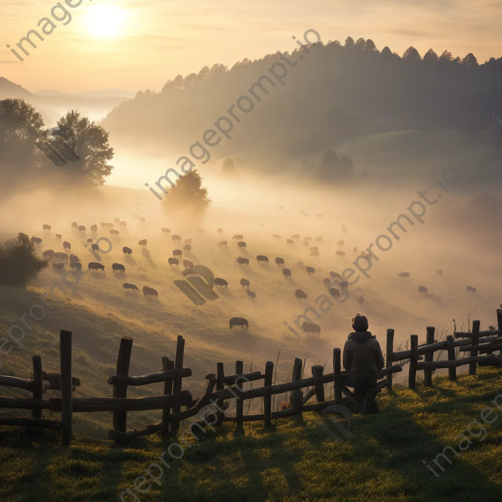 Elderly shepherd sitting on a fence in a misty valley - Image 1