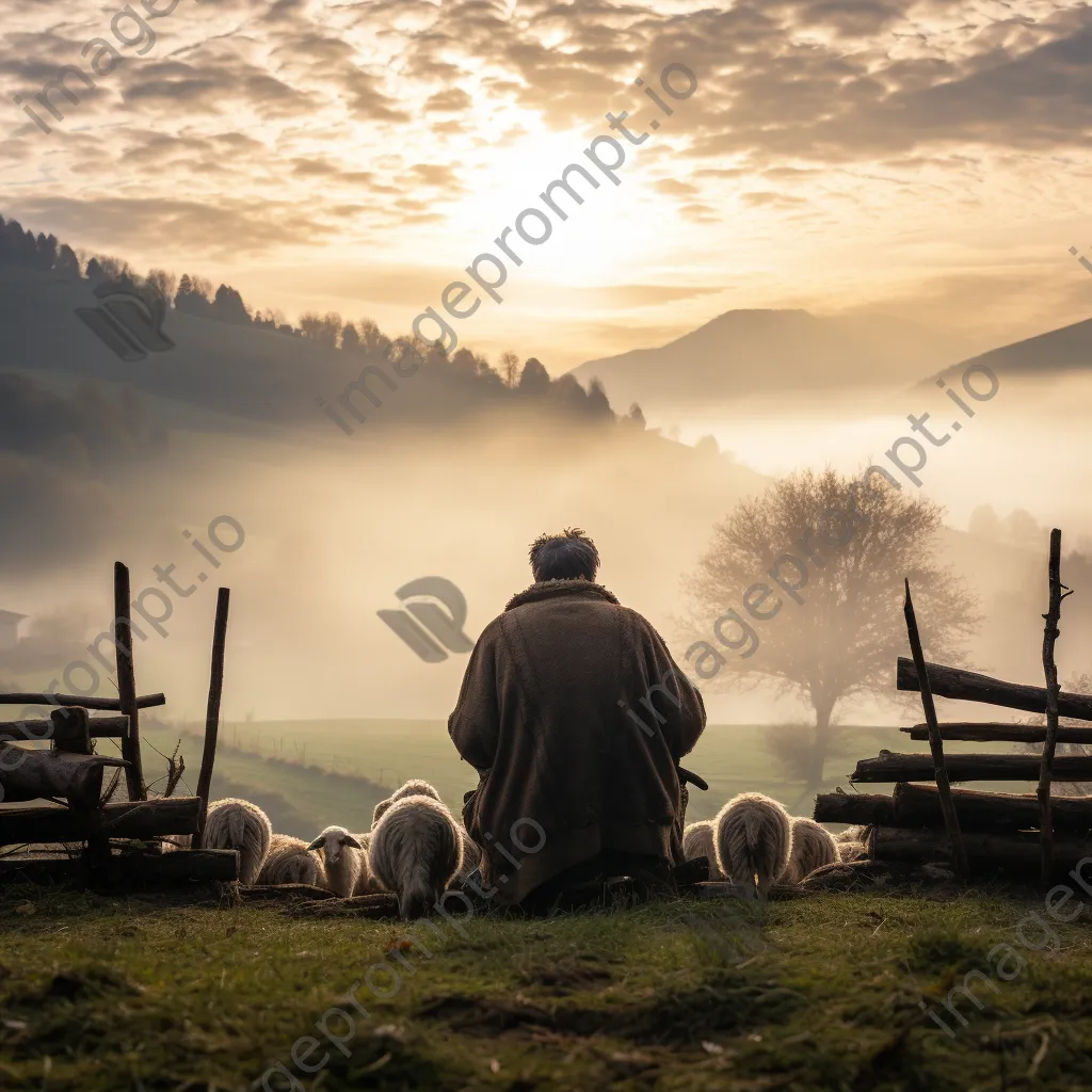 Elderly shepherd sitting on a fence in a misty valley - Image 2