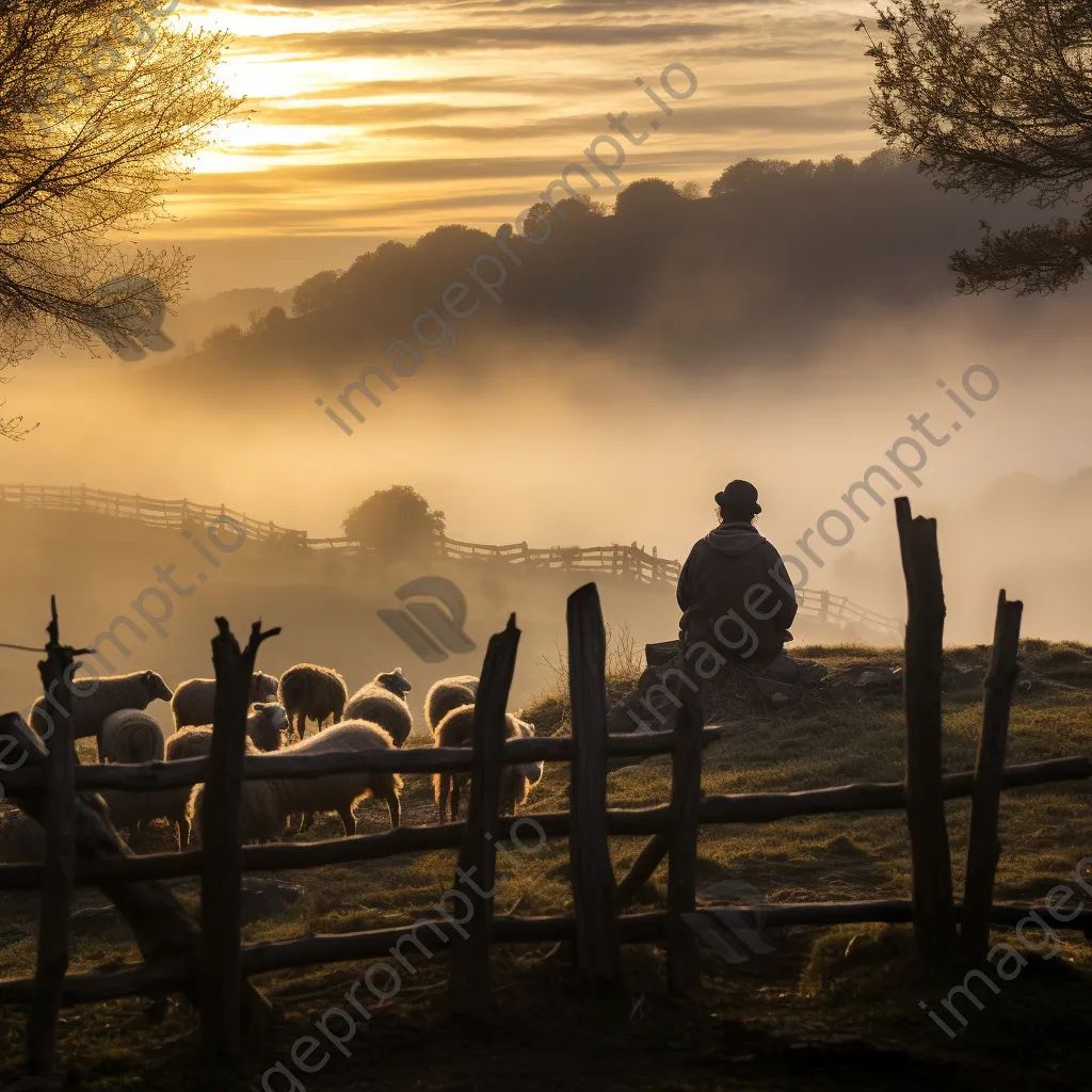 Elderly shepherd sitting on a fence in a misty valley - Image 3