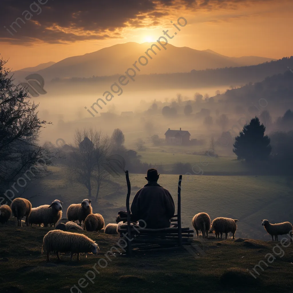 Elderly shepherd sitting on a fence in a misty valley - Image 4