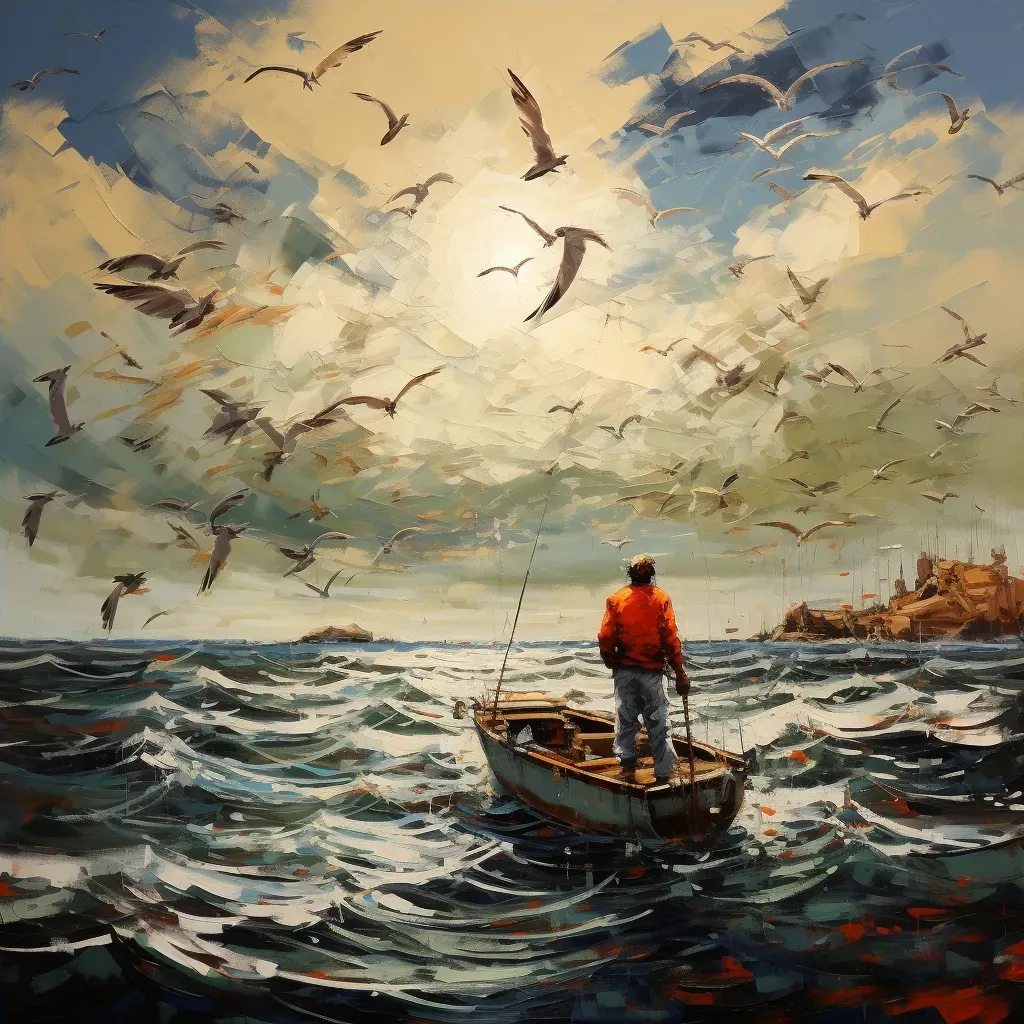 Fisherman navigating boat through rough sea with flock of seagulls - Image 4