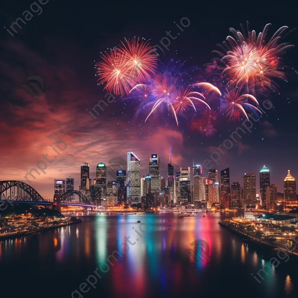 Fireworks bursting in the night sky over a city skyline on New Year