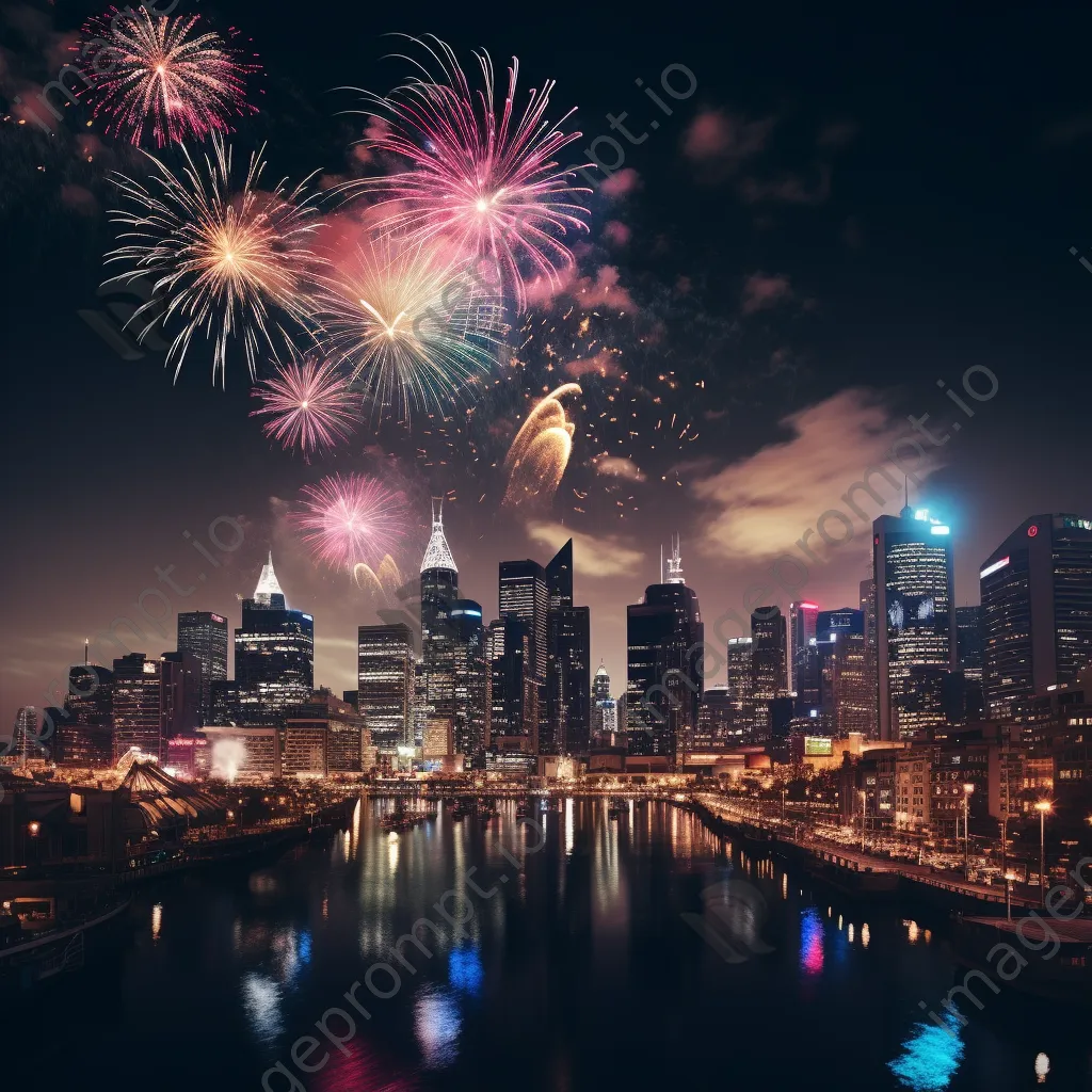 Fireworks bursting in the night sky over a city skyline on New Year